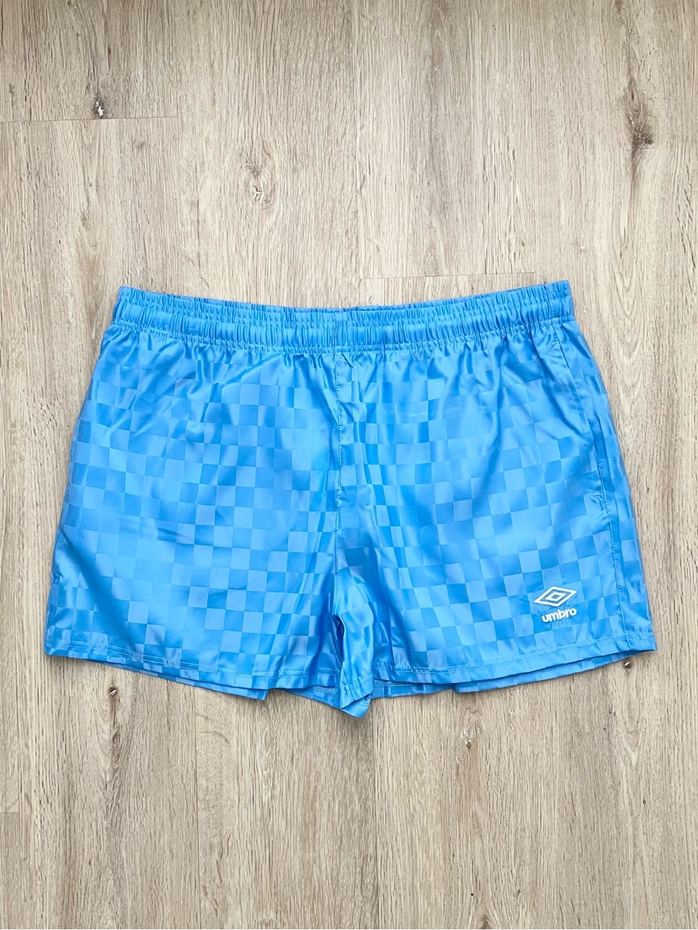 Vintage 90s Styled Umbro Soccer Shorts Mens Large Light Blue Checkered Nylon USA
